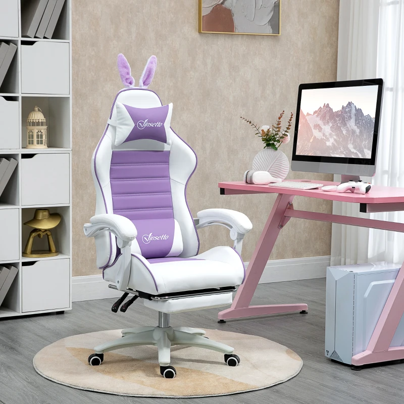 Vinsetto Cadeira Gaming Giratória de Couro PU com Altura Ajustável Inclinável 135° Apoio para a Cabeça 65x63x136-142 cm Branco e Roxo
