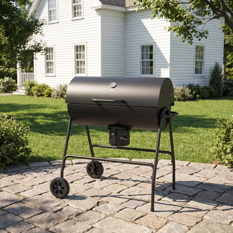 Outsunny Barbecue au charbon de bois BBQ avec couvercle, grille et thermomètre, avec roues, poignée, 95 x 71,5 x 102 cm, noir