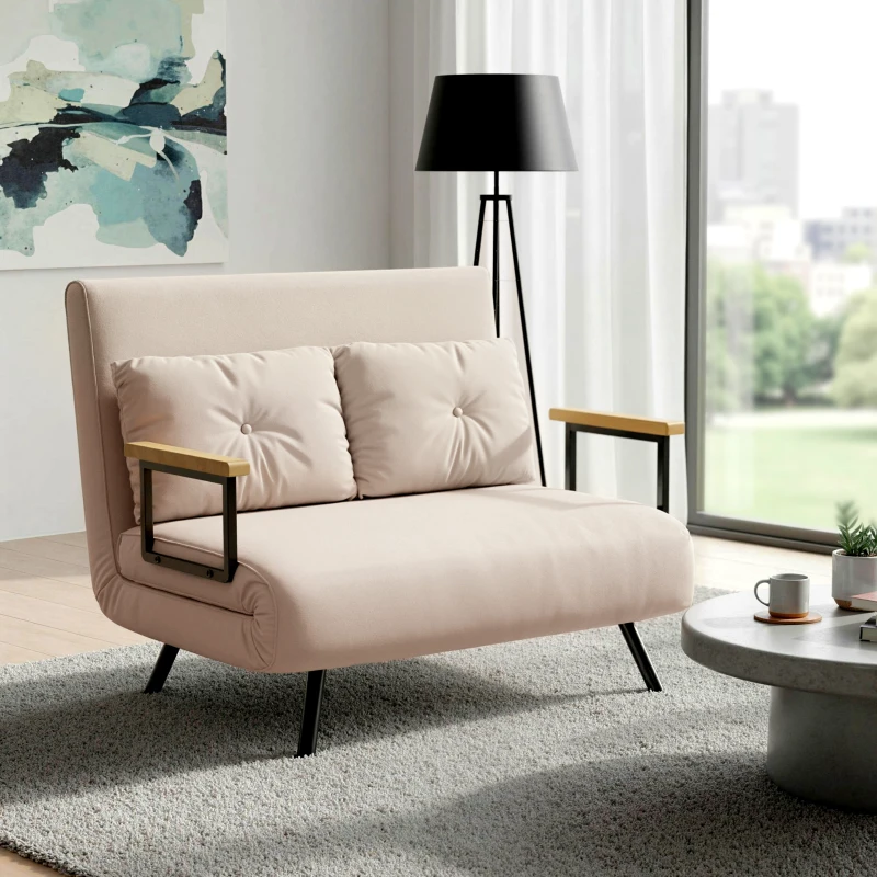 HOMCOM Sofá Cama Convertível 2 Lugares Dobrável com Encosto Ajustável em 5 Níveis e 2 Almofadas 102x73x81 cm Bege Claro