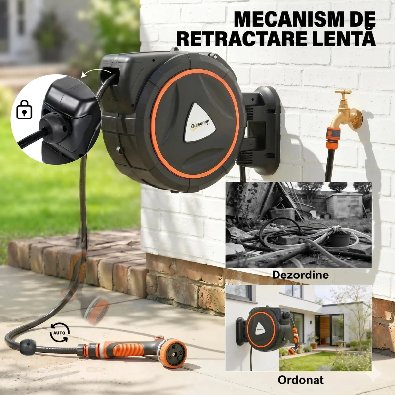 Outsunny furtun retractabil, suport furtun, role pentru furtun
