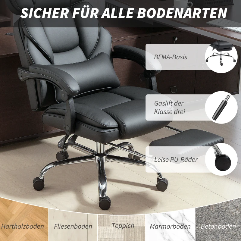 HOMCOM Bürostuhl Ergonomischer Höhenverstellbarer Drehstuhl mit Lendenwirbelstütze, Armlehne, Fußstütze, PU-Leder, Schwarz