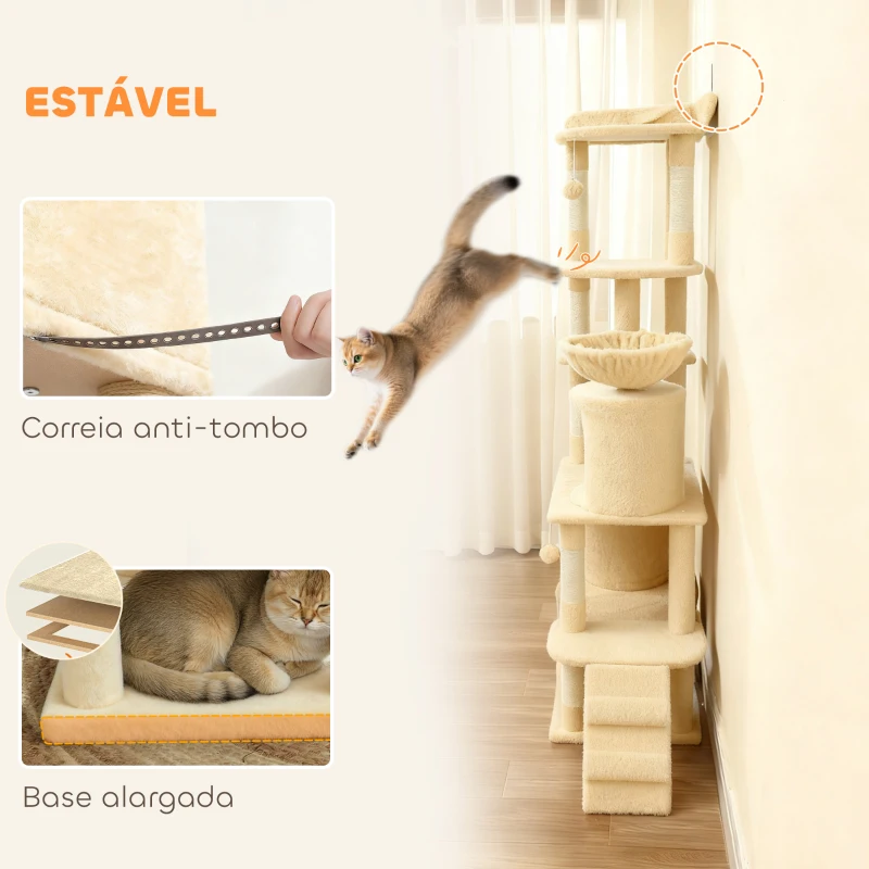 PawHut Arranhador para Gatos Grande com 7 Postes 1 Túnel 3 Plataformas 2 Cavernas 1 Rede 1 Poleiro 1 Rampa Pompons 60x40x170 cm Bege