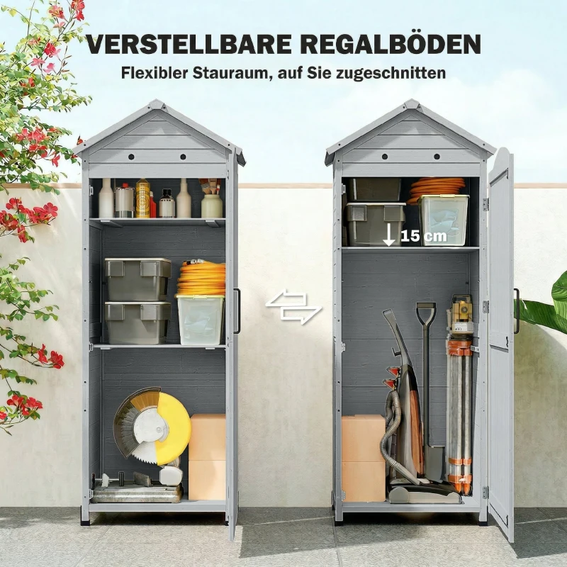 Outsunny Gartenschrank Holz extra hohe Geräteschuppen mit verstellbar Ablage magnetisch Tür galvanisiert Dach Belüftung