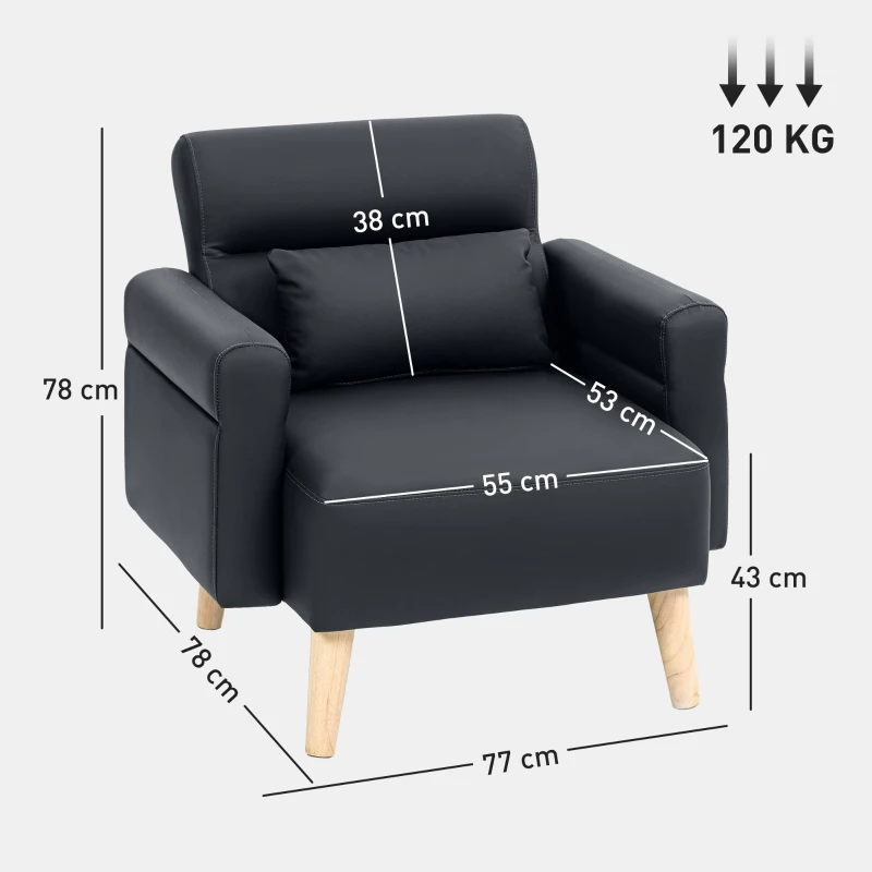 HOMCOM Poltrona Moderna Estofada em Couro Sintético com Apoios de Braço Acolchoados e Pés em Madeira 77x78x78 cm Preto