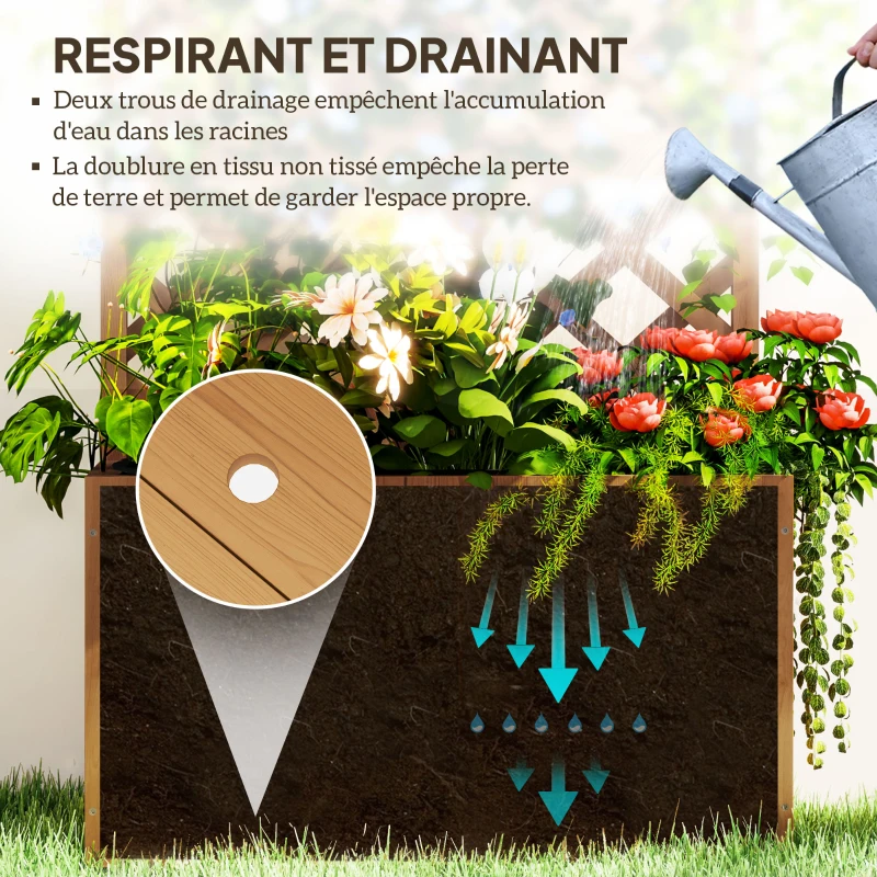 Outsunny Jardinière avec treillis, bac à fleurs en bois massif avec trous de drainage et doublure, 64 x 33 x 122 cm, bois naturel