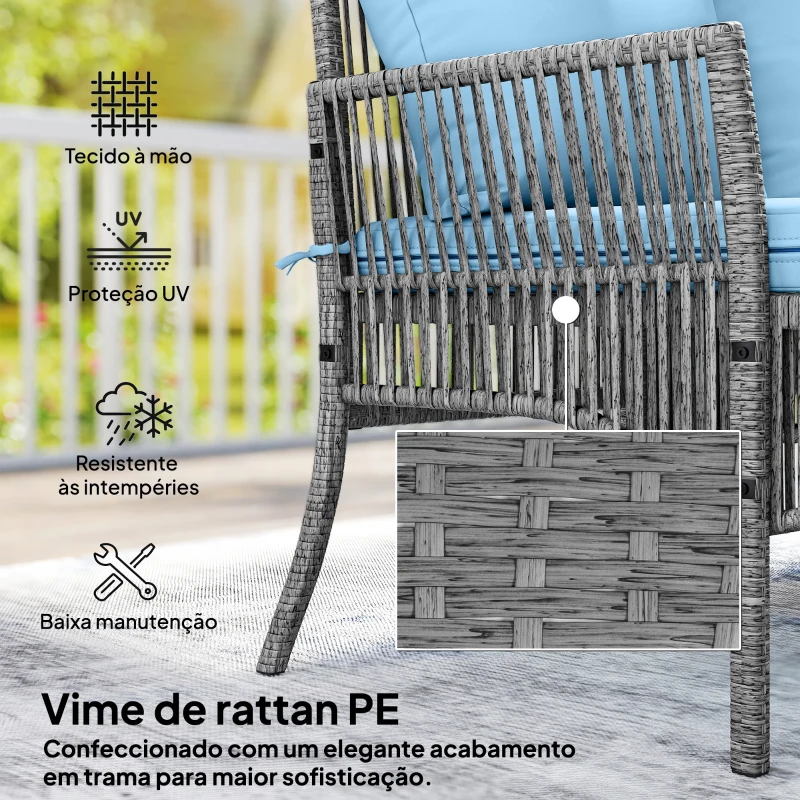 Outsunny Conjunto de Jardim Exterior de Vime com Sofá de 2 Lugares, Chaise Longue e Mesa de Centro com Vidro Temperado Azul Claro