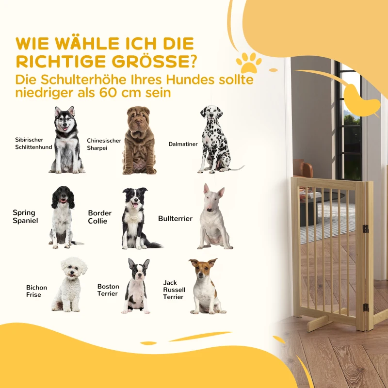PawHut Hunde-Absperrgitter, freistehend, klappbar, Tür & Füße, Holzrahmen, 220x36x91cm