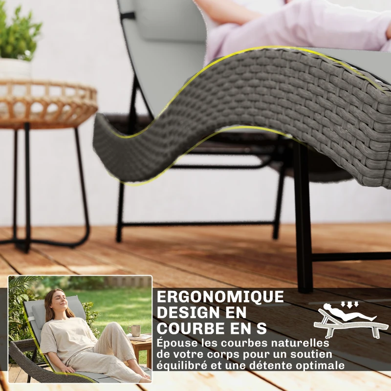 Outsunny Chaise longue en résine tressé, bain de soleil avec dossier réglable 5 positions et appui-tête, 198 x 61 x 44 cm, gris