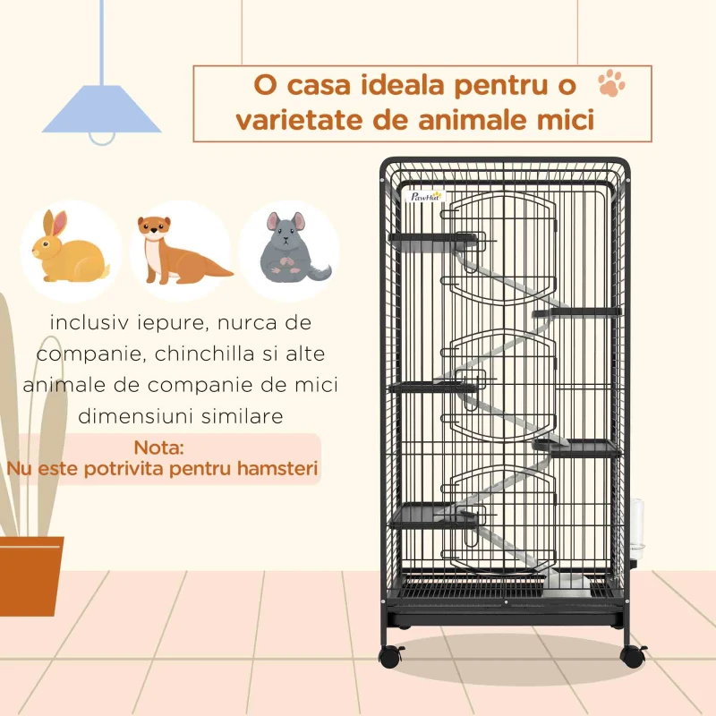 PawHut Cușcă pentru Animale Mici cu Roți, 5 Rampe și 5 Platforme, Bol și Sticlă, 61.5x44x131 cm, Negru