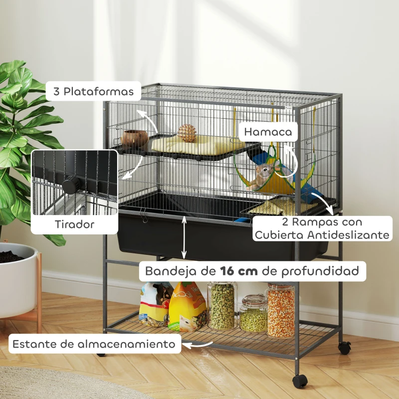 PawHut Jaula para Animales Pequeños de 3 Niveles con Rampas Antideslizantes Puertas Amplias y Ruedas con Freno 88x48x102cm Gris
