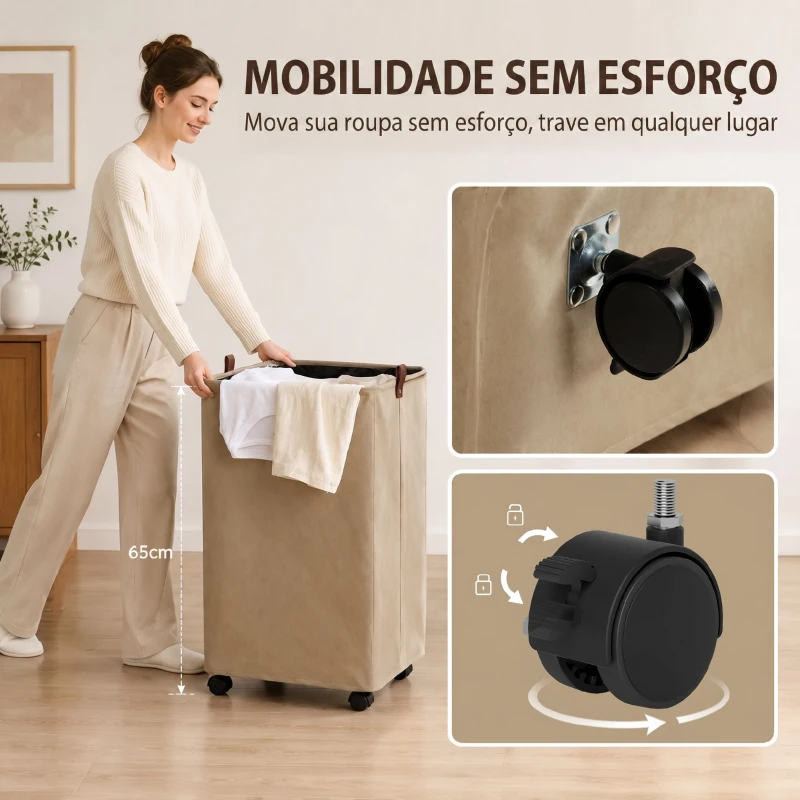 HOMCOM Cesto de Roupa Suja com Tampa e Rodas, 50L, Dobrável com Bolsa com Cordão Removível, 40x30x65 cm, Castanho