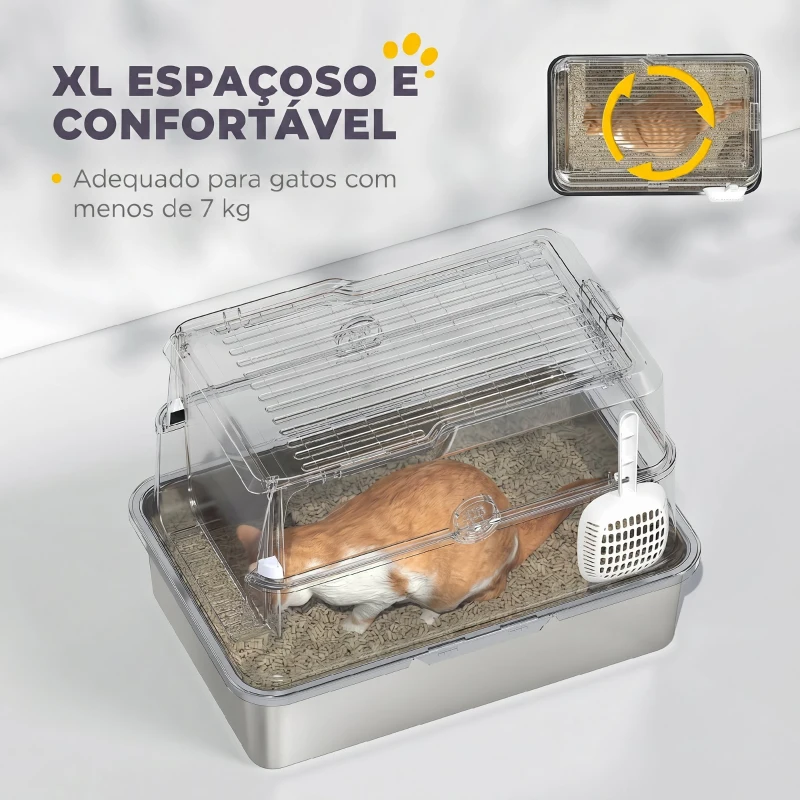 PawHut Caixa de Areia XL em Aço Inoxidável para Gatos, Fechada, com Tampa Rebatível, Bordo Alto, Pá e Sistema Anti-fugas, Cinzento-claro