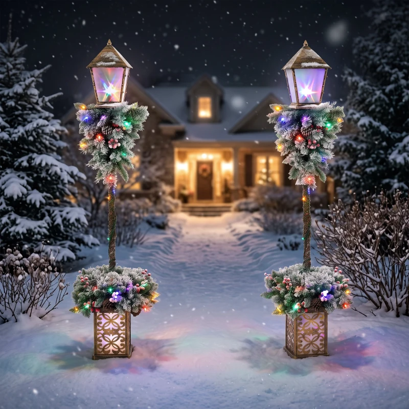 Outsunny Lanterne de rue de Noël pour extérieur avec lumières LED, pointes enneigées, baies rouges et pommes de pin