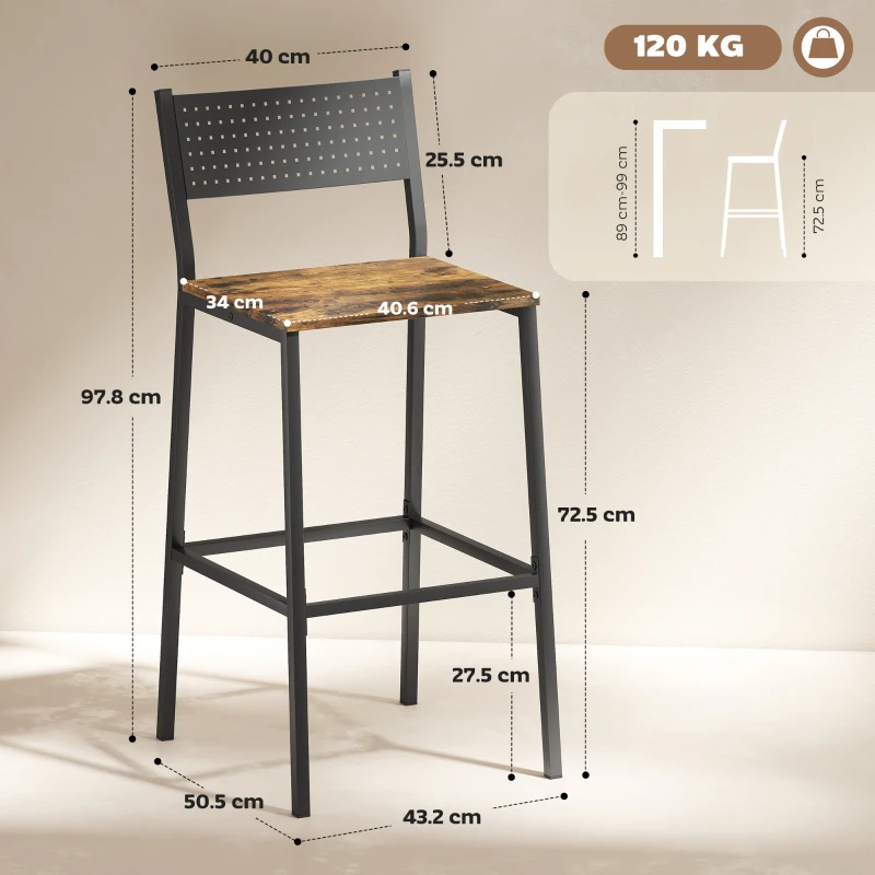 HOMCOM Set 2 Scaune de Bar cu Spătar și Suport pentru Picioare Integrat în Stil Industrial, Maro Rustic