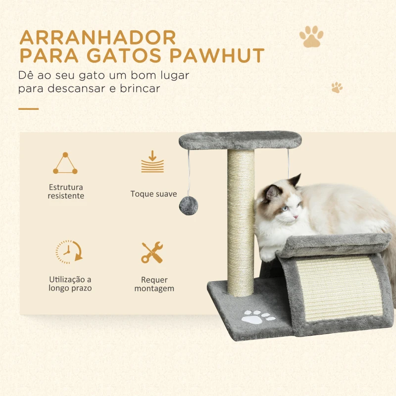 PawHut Árvore Arranhador para Gatos Pequena com Poste Giratório Bolas Suspensas Plataforma Curva e Esconderijo 40x30x43 cm Cinza