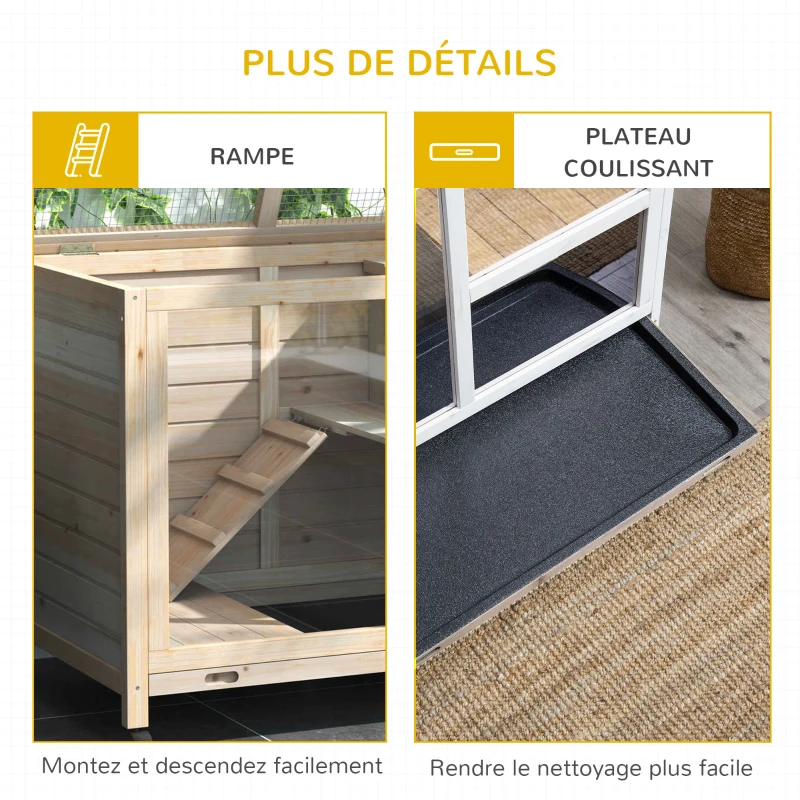 PawHut Cage à lapin clapier sur roulettes petit enclos animaux en bois massif 2 étages toit ouvrant plates-formes 91,5 x 53,3 x 73 cm bois naturel