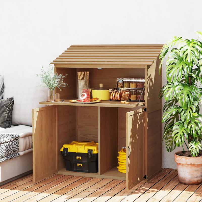 Outsunny Garten-Aufbewahrungsschrank mit ausklappbarem Tisch, Werkzeugschrank mit Dach, 110 x 54 x 136 cm, Tannenholz, Braun(m-2)