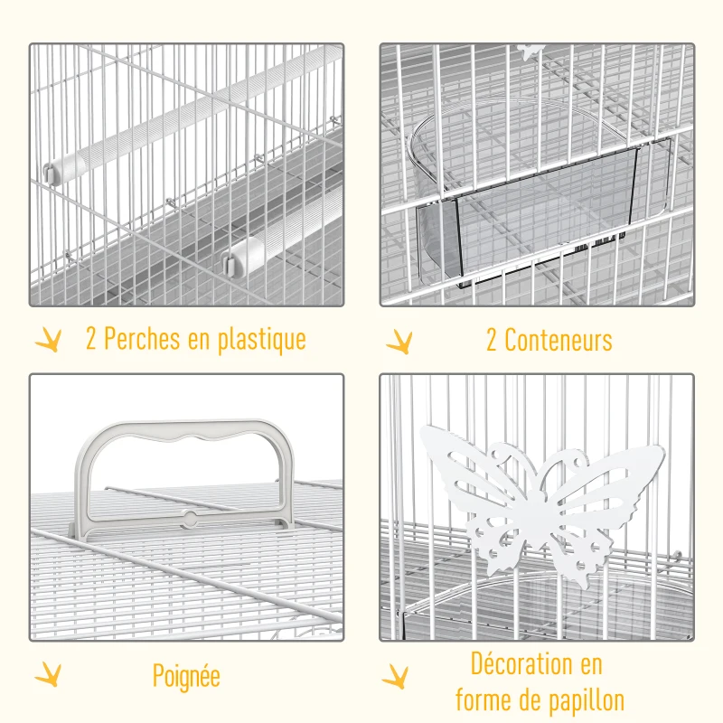 PawHut Cage pour oiseaux avec mangeoire poignée cadre en métal plateau coulissant 60 x 41 x 41 cm blanc