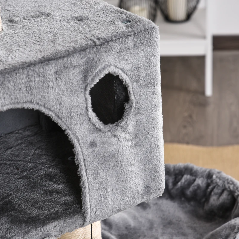PawHut Katzenklettergerüst Kratzbaum mit Sisalpfosten, Katzenklettergestell Kletterbaum für Katzen Sisalseil Katzenspielzeug, Grau, 60 x 49 x 130 cm