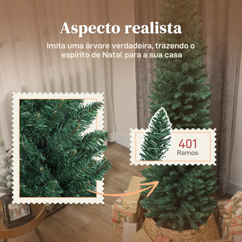 HOMCOM Árvore de Natal Slim 210 cm Árvore de Natal Artificial com 401 Ramos Suporte Metálico Decoração para Interior Verde