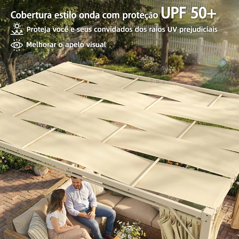 Outsunny Pérgola de Jardim 385x295x225 cm com Teto Ondulado 4 Cortinas Removíveis Proteção UPF50+ e Estrutura de Aço Bege