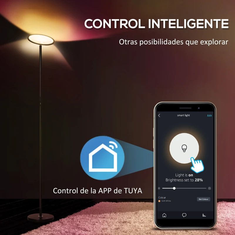 HOMCOM Lámpara de Pie Inteligente WiFi Lámpara Moderna con LED Regulable RGB 25W para Salón Ø25x168 cm Negro
