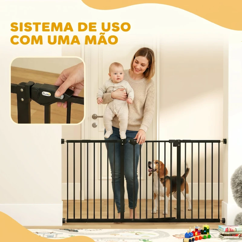 PawHut Barreira de Segurança Extensível para Portas e Escadas com Fechamento Automático e Sistema de Duplo Bloqueio 74-147,5x76,2 cm Preto
