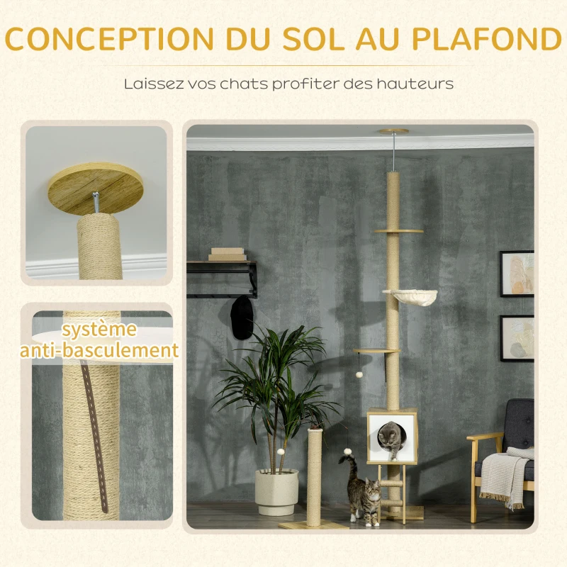 PawHut Arbre à chat sol au plafond hauteur réglable 225-285 cm avec poteau à gratter 4 niveaux niche hamac échelle jeux beige