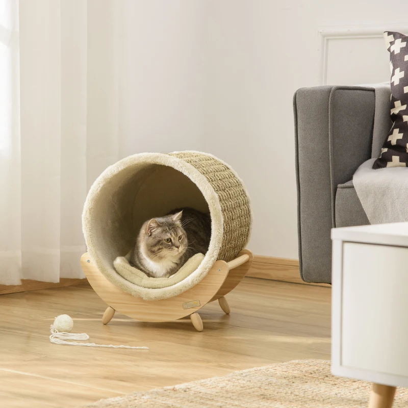 PawHut Cama Elevada para Gatos Caverna para Gatos Tipo Barril com Superfície para Arranhar e Almofada 41x38x43cm Madeira