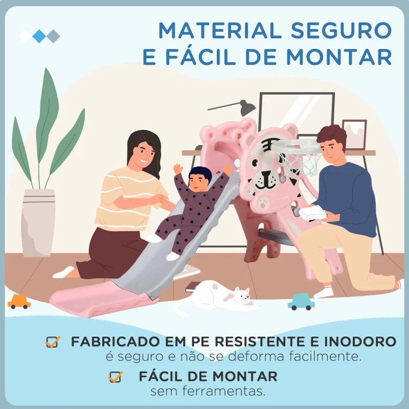 AIYAPLAY Escorrega para Crianças 2 em 1 com 2 Degraus Cesta de Basquetebol e Desenho de Tigre para Interior 133x60x70 cm Rosa