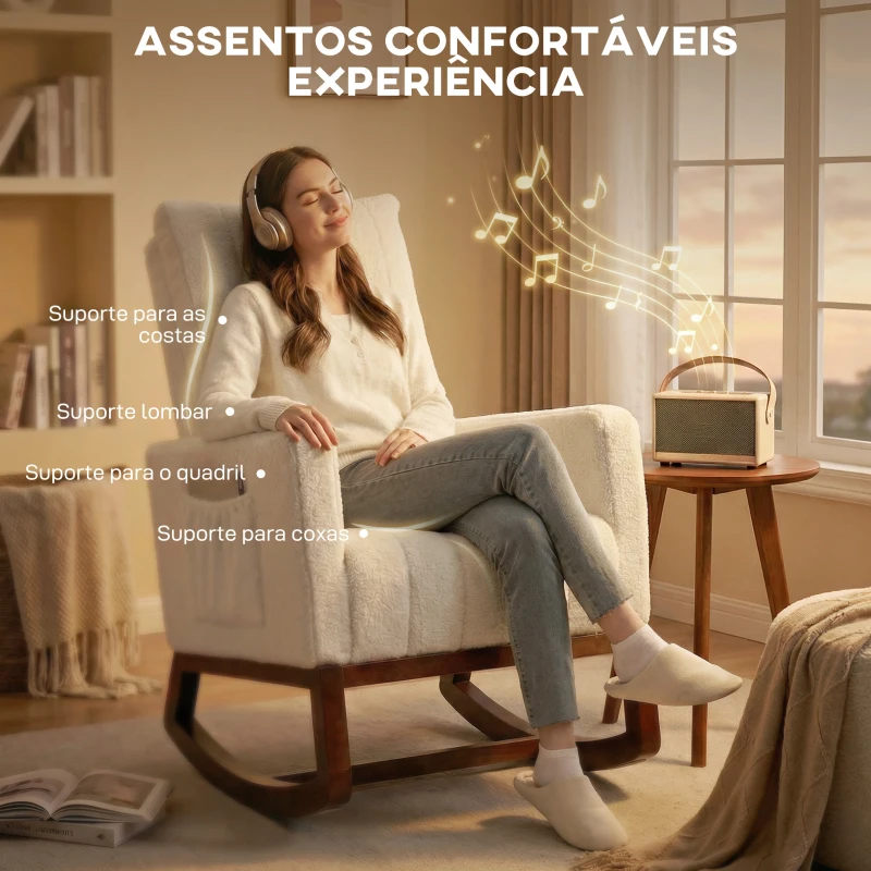 HOMCOM Cadeira de Baloiço com Almofada Lombar Estofada em Franela Neve Encosto Alto Base em Madeira e Bolsos Laterais Creme