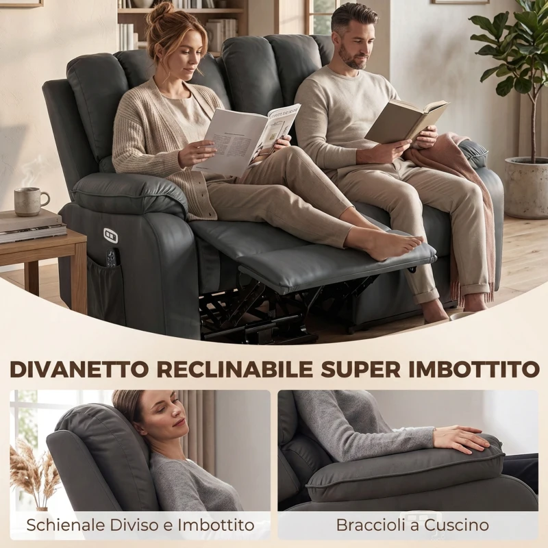 HOMCOM Divano 2 Posti Reclinabile Elettrico 135°, Massaggio e Riscaldamento, Tessuto Effetto Pelle, Grigio