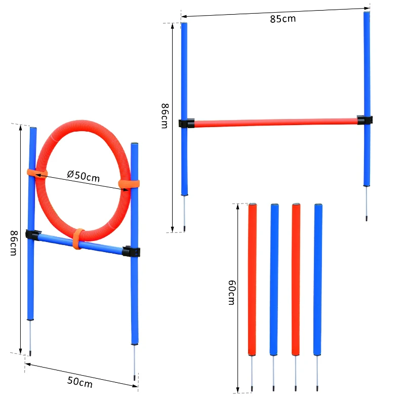 PawHut Agility Set Hunde, 3-teiliges Agility Ausrüstung mit Hürden, Slalomstangen, Springring, Aufbewahrungstasche, Steckhürdenset für Hundetraining, Trainingsset für Hunde Blau+Rot
