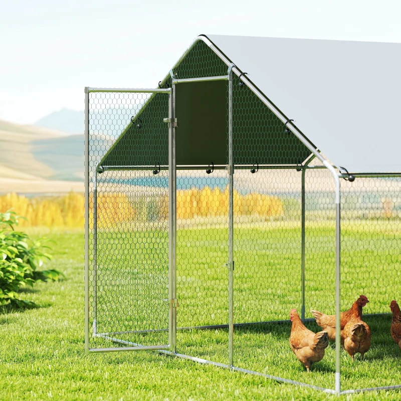 PawHut Galinheiro para Exterior Grande em Aço Galvanizado 6,8x3x1,9 m 20,4 m² com Cobertura em Tecido Oxford e Fecho Prata