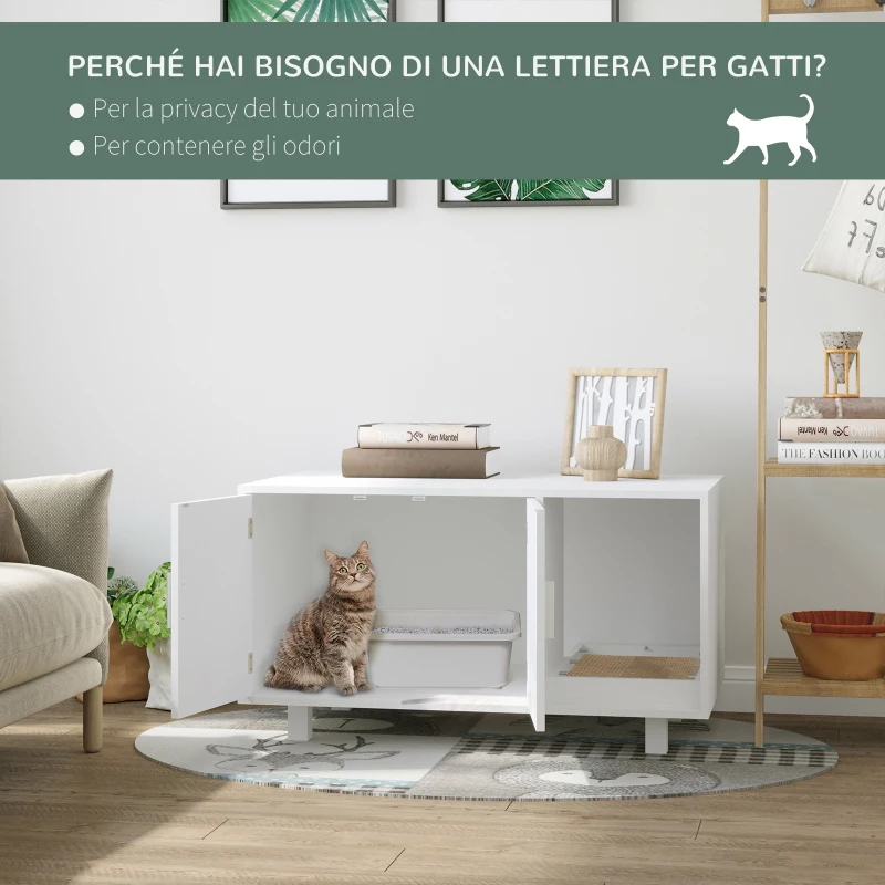 PawHut Mobile per Lettiera Gatti in Legno con 2 Ante e Apertura Laterale con Tiragraffi, Bianco
