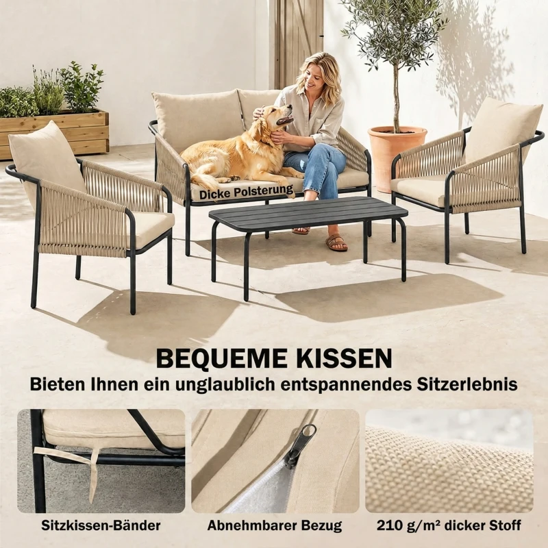 Outsunny Gartenmöbel Set 4-teilig Polyrattan Lounge-Set mit Zweisitzer 2 Sessel Couchtisch abnehmbar Kissen Bindebändern