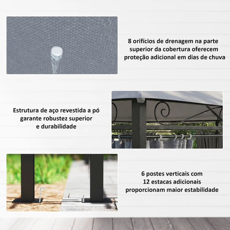 Outsunny Pérgola para Jardim 3x4 m Pérgola de Exterior com Telhado Duplo 6 Paredes Laterais Estrutura Metálica  Cinzento Escuro