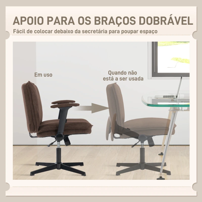 HOMCOM Cadeira de Escritório com Apoios de Braço Rebatíveis Assento  Altura Ajustável  Função Basculante 76x70x85-97 cm Castanho