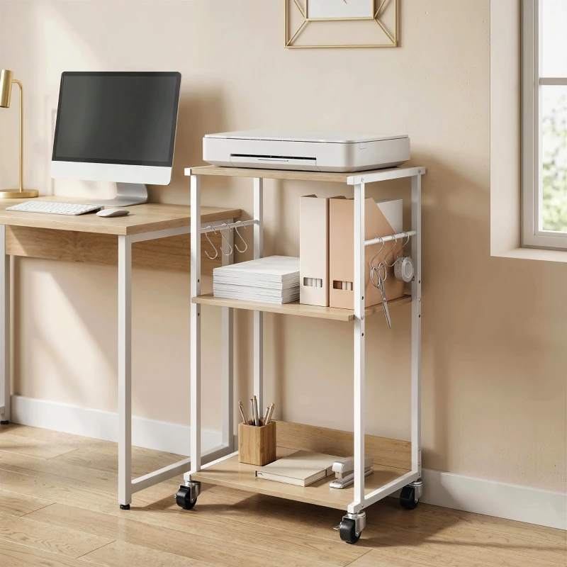 HOMCOM Suporte para Impressora de 3 Níveis com Rodas, Móvel com Ganchos e Estrutura Metálica 43x30x82 cm Madeira
