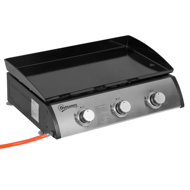 Outsunny Placă de grătar pe gaz antiaderent de masă cu 3 arzătoare de 3kW, 62x46x21cm, negru