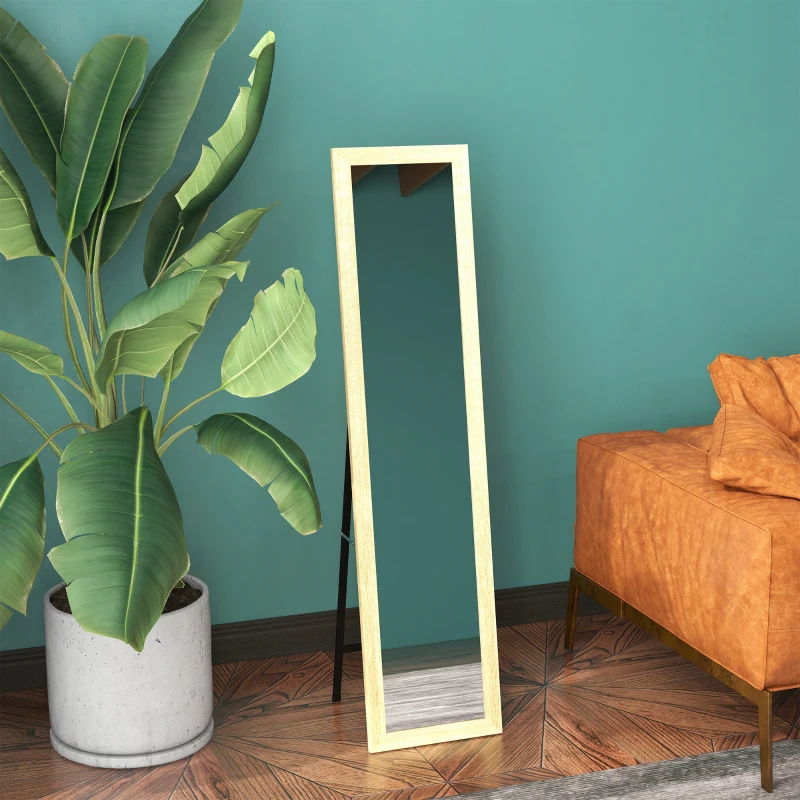 HOMCOM Miroir sur pied mural ou à poser rectangulaire avec cadre en bois pour salon chambre à coucher 37 x 155 cm marron clair
