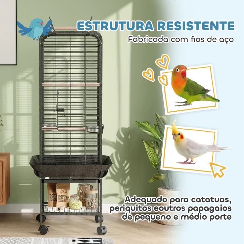 PawHut Gaiola para Pássaros com Rodas Poleiros Comedouros Prateleira e Bandeja Amovível 62,5x62,5x146 cm Cinza Escuro