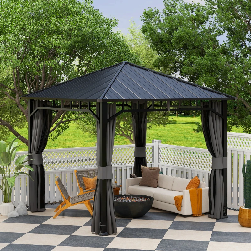 Outsunny Pavillon 3 x 3 m Wasserdicht Stabil Winterfest Gartenpavillon mit Seitenteile, Netze, Haken Hardtop Dunkelgrau