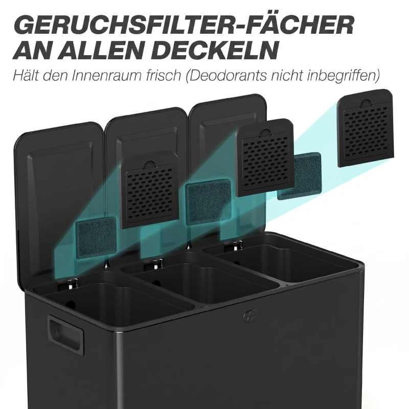 HOMCOM Bidone Immondizia a 3 Sezioni da 20L con Chiusura Silenziosa, in Acciaio Inox e PP, 61.9x36.6x56.7 cm, Nero