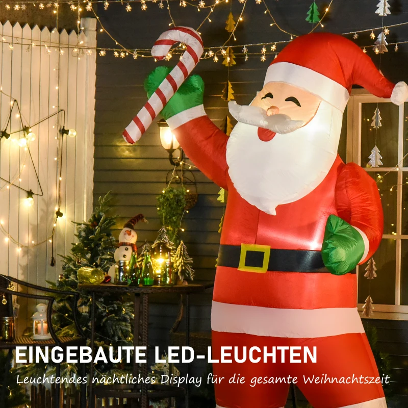 HOMCOM Aufblasbar Weihnachtsdeko, 2,4 m Weihnachtsmann mit LED-Beleuchtung, Zuckerstange für Innen- und Außenbereich