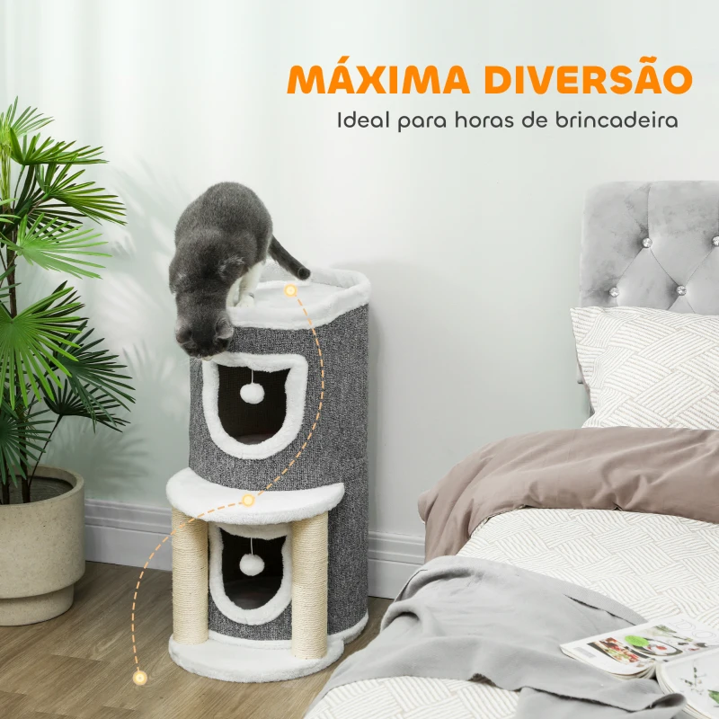 PawHut Arranhador para Gatos com Cama 2 Cavernas Postes de Sisal Tapete de Arranhar e Bolas para Brincar 50x36x76 cm Cinzento
