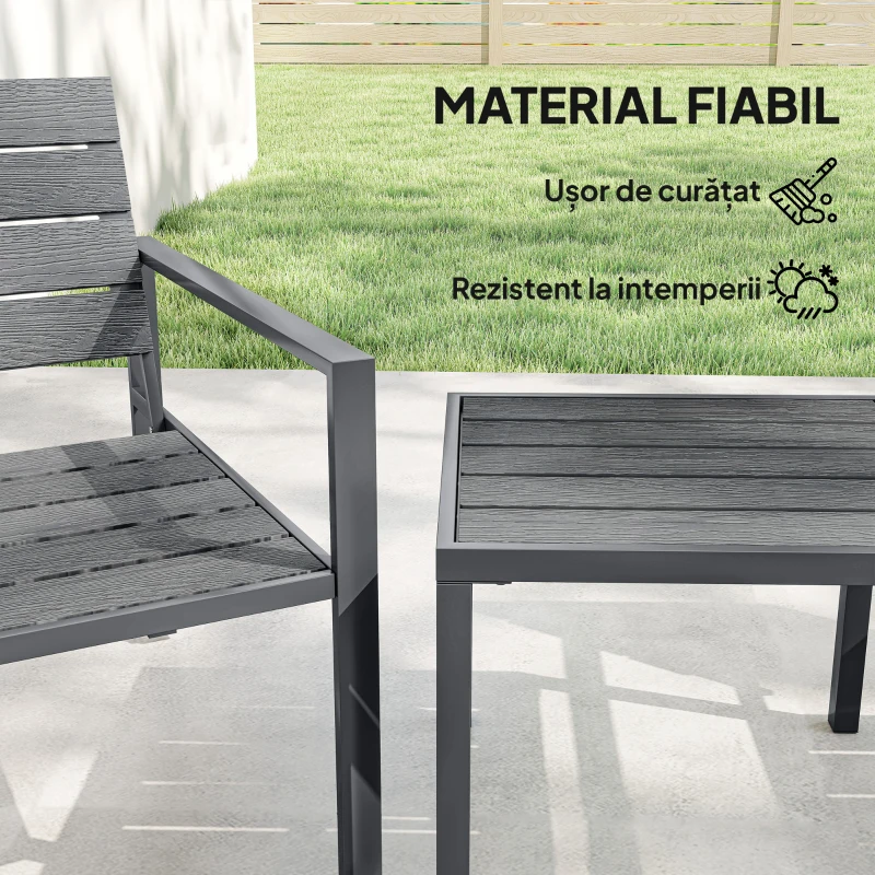 Outsunny Set de Grădină 3 piese cu 2 Scaune de Exterior și Măsuță de Cafea, din HDPE și Metal, Gri Închis