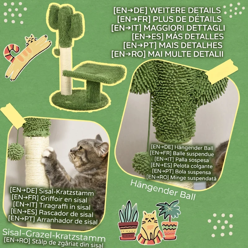 PawHut Arbore pentru Pisici în Formă de Cactus cu Stâlp de Scrijelit și Mingiuță de Joacă, 35x31x55,5 cm, Verde și Alb