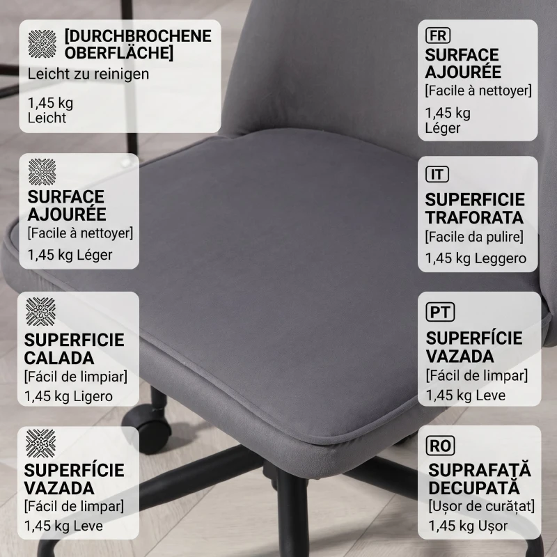HOMCOM Scaun de birou reglabil pe înălțime cu funcție de balansare, tapițerie din material catifelat, gri