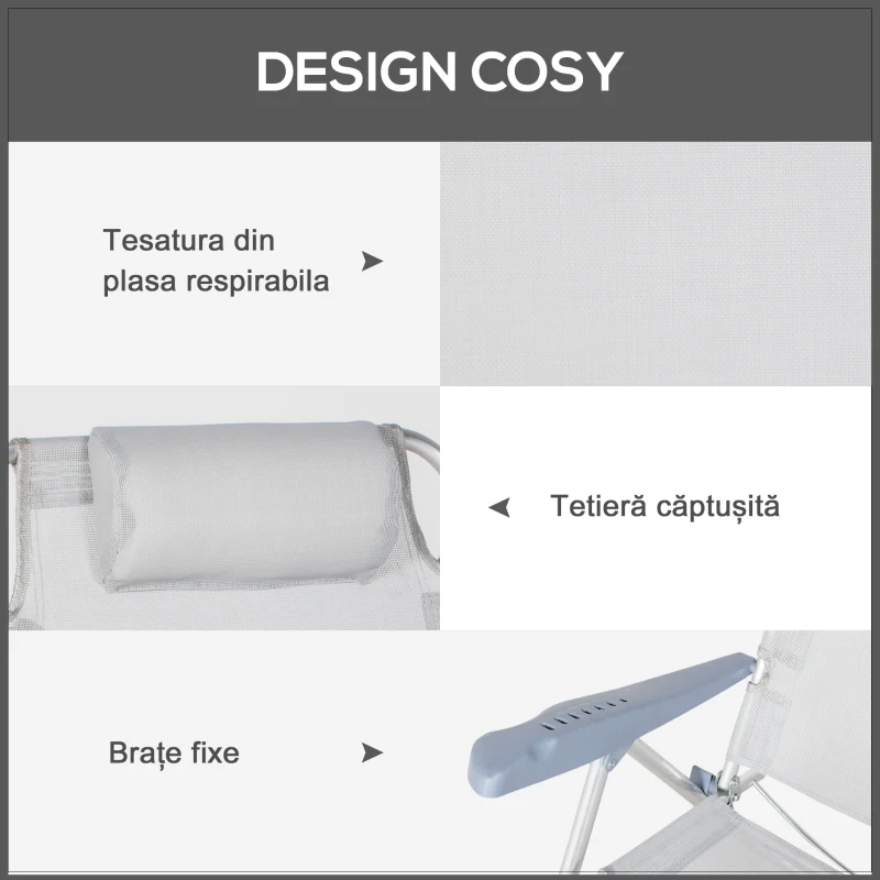 Outsunny Set 2 Scaune de Camping Pliabile și Reclinabile pe 6 Niveluri, din Aluminiu și Spumă, 62x65x80 cm, Gri Deschis